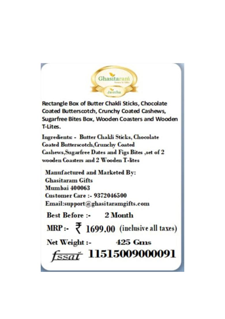 Jaiccha Ghasitaram Gifts Rectangle Box Of Butter Chakli Sticks,Choco Butterscotch,Crunchy Cashews, Sugarfree Bites Box, Coasters & T-Lites|Gift Hamper|Diwali Gift Hamper|Food Hampers|Gourmet Hampers|