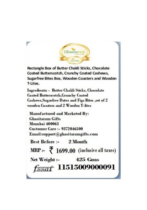 Jaiccha Ghasitaram Gifts Rectangle Box Of Butter Chakli Sticks,Choco Butterscotch,Crunchy Cashews, Sugarfree Bites Box, Coasters & T-Lites|Gift Hamper|Diwali Gift Hamper|Food Hampers|Gourmet Hampers|