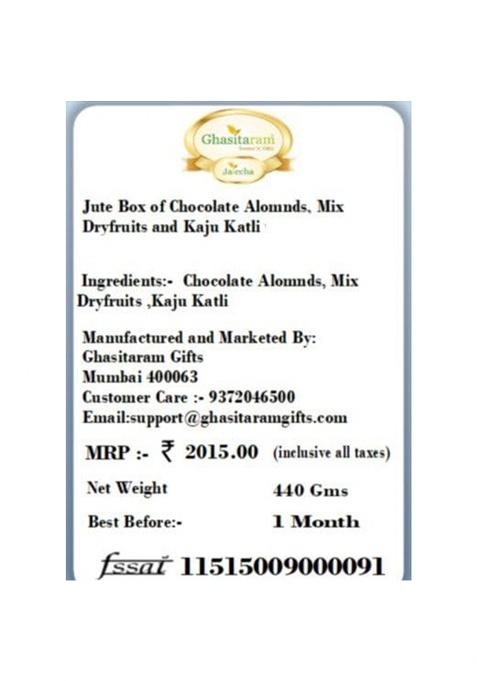 Ghasitaram Gifts Jute Box Of Chocolate Alomnds, Mix Dryfruits And Kaju Katli|Dry Fruit Combo Pack Offer|Dry Gift Pack|Dry Box|Diwali Dry Box|