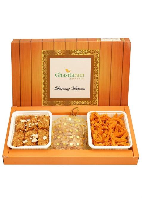 Ghasitaram Gifts Mother'S Day Milk Cake ,Soya Sticks And Almonds Pouch Hamper|Gift Hamper|Diwali Gift Hamper|Food Hampers|Gourmet Hampers|