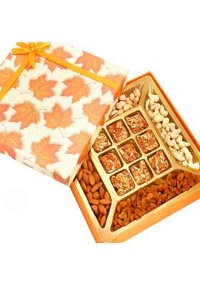 Ghasitaram Gifts Orange Print Dryfruits And 9 Pcs Roasted Almond Bites Box|Dry Fruit Combo Pack Offer|Dry Gift Pack|Dry Box|Diwali Dry Box|