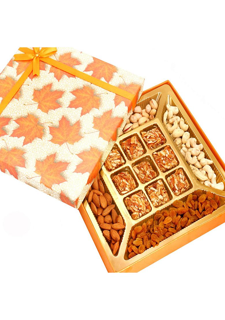 Ghasitaram Gifts Orange Print Dryfruits And 9 Pcs Roasted Almond Bites Box|Dry Fruit Combo Pack Offer|Dry Gift Pack|Dry Box|Diwali Dry Box|