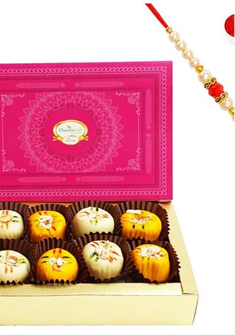 Jaiccha Ghasitaram Gifts Rakhi For Brothers Mawa Peda Box (200 Gms) With Pearl Beads