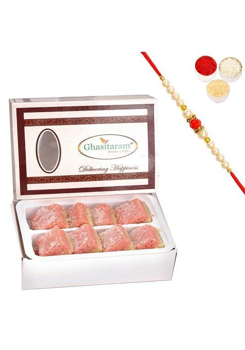 Ghasitaram Gifts Rakhi For Brothers Sweets - Mawa Coconut Barfi 200 Gms With Beads