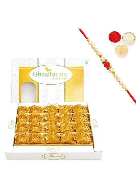 Ghasitaram Gifts Rakhi For Brothers Sweets - Nani'S Special Besan Barfi 400 Gms With Beads