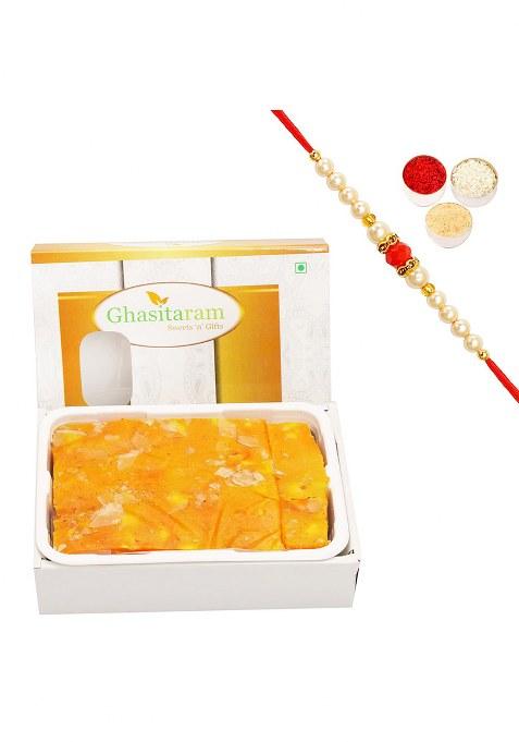 Ghasitaram Gifts Rakhi For Brothers Sweets - Orange Ice Halwa (200 Gms) With Beads