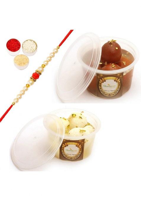 Ghasitaram Gifts Rakhi Gifts/Rakhi Sweets - Rasgulla And Gulab Jamun Hamper With Pearl Beads