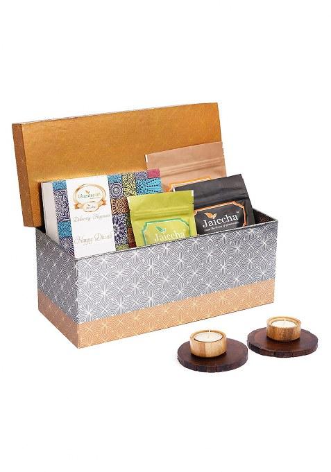 Jaiccha Ghasitaram Gifts Rectangle Box Of Chakli Sticks,Chocolate Butterscotch,Crunchy Cashews,Assorted Bites,Coasters,T-Lites|Gift Hamper|Diwali Gift Hamper|Food Hampers|Gourmet Hampers|