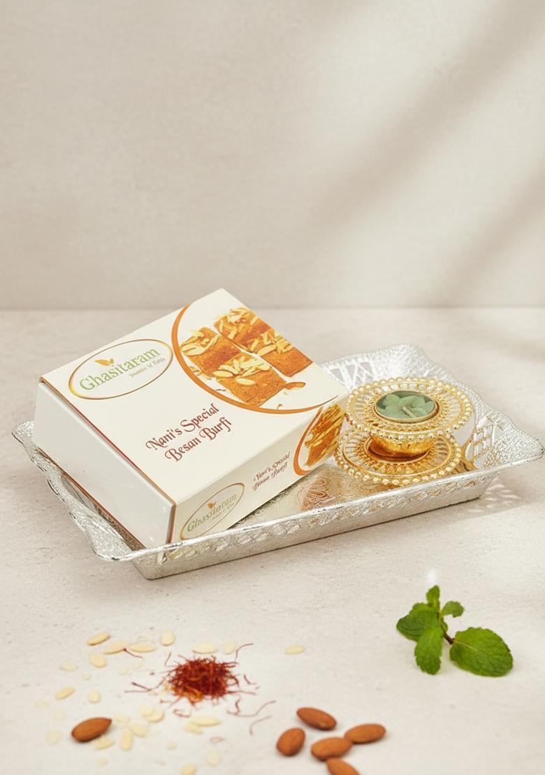 Ghasitaram Gifts Rectangle Silver Small Tray With Besan Barfi And 2 T-Lites|Gift Hamper|Diwali Gift Hamper|Food Hampers|Gourmet Hampers|