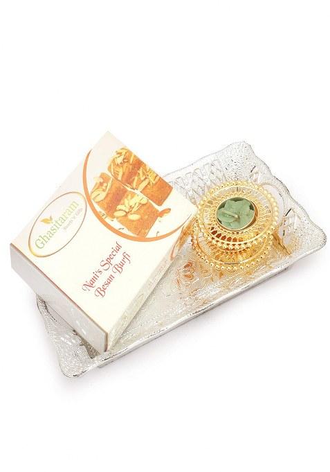 Ghasitaram Gifts Rectangle Silver Small Tray With Besan Barfi And 2 T-Lites|Gift Hamper|Diwali Gift Hamper|Food Hampers|Gourmet Hampers|