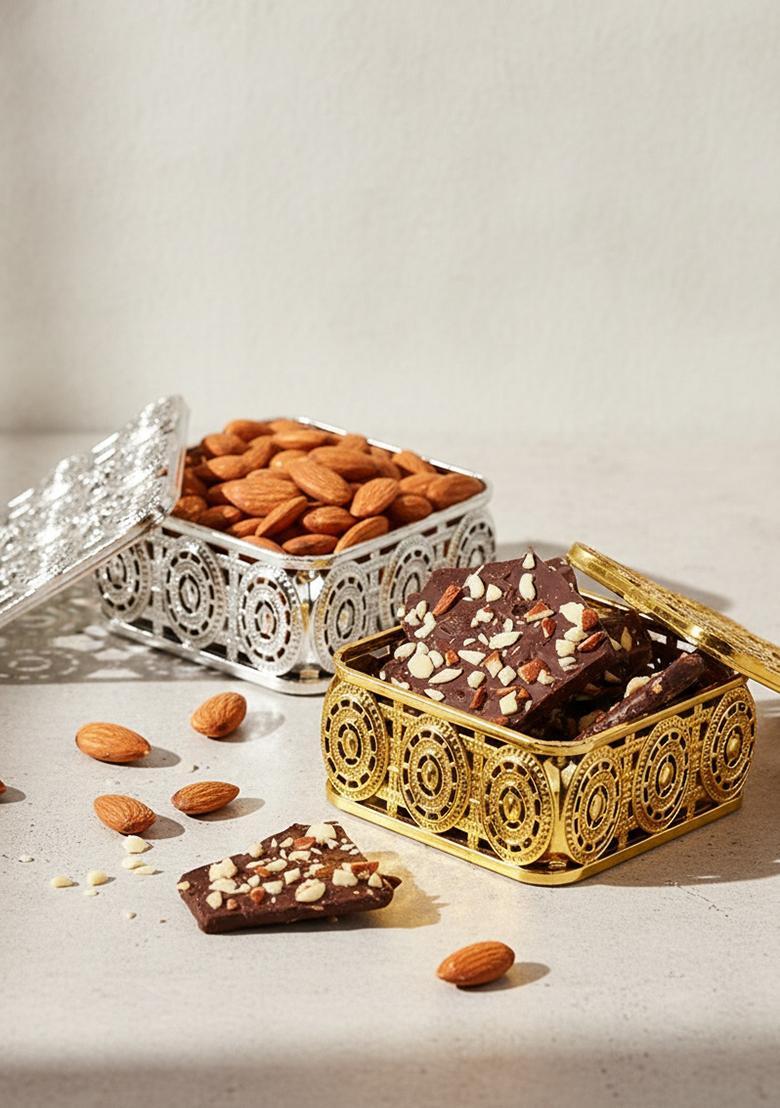 Ghasitaram Gifts Silver And Gold Almonds Brittles Boxes |Gift Hamper|Diwali Gift Hamper|Food Hampers|Gourmet Hampers|