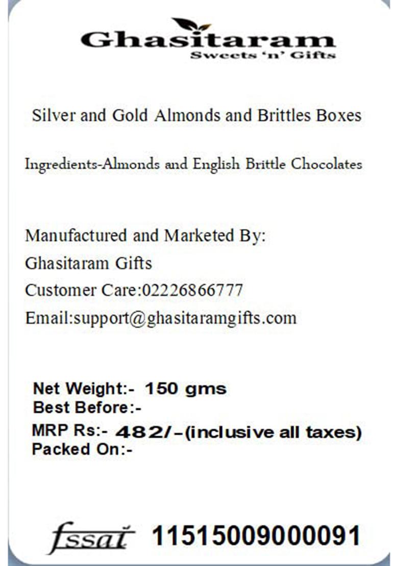 Ghasitaram Gifts Silver And Gold Almonds Brittles Boxes |Gift Hamper|Diwali Gift Hamper|Food Hampers|Gourmet Hampers|
