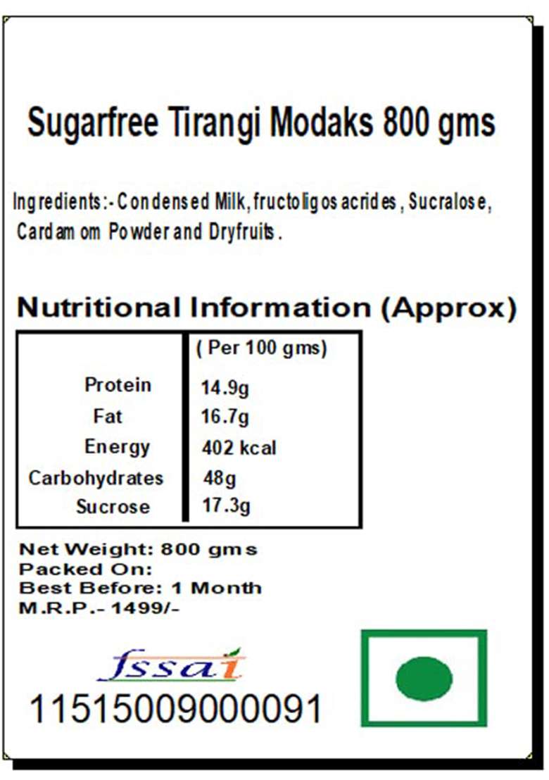 Ghasitaram Gifts Sweets Ganesha Chaturthi Modaks Sugarfree Tirangi 800 Gms - Indya