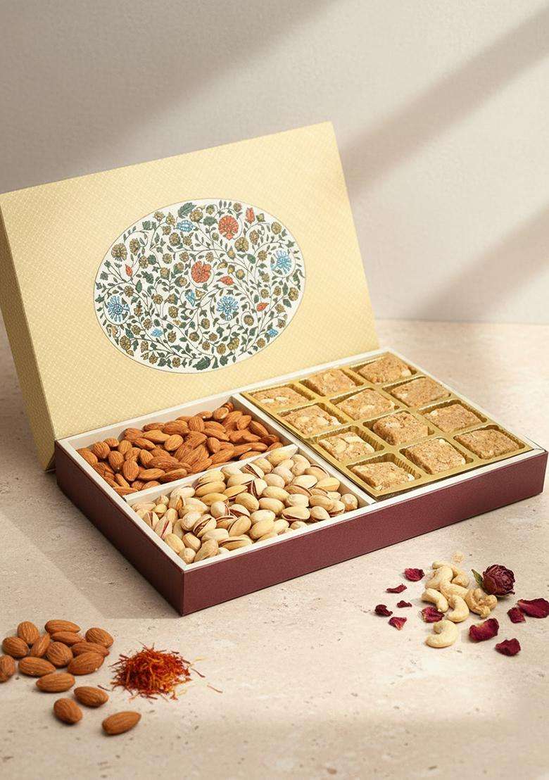 Ghasitaram Gifts Valentines Gift For Girlfriend / Boyfriend Husband And Wife - Healthy Hampers Eco Print 4 Part 12 Pcs Granula Bites,Almonds Pistachios Hamper Box - Indya