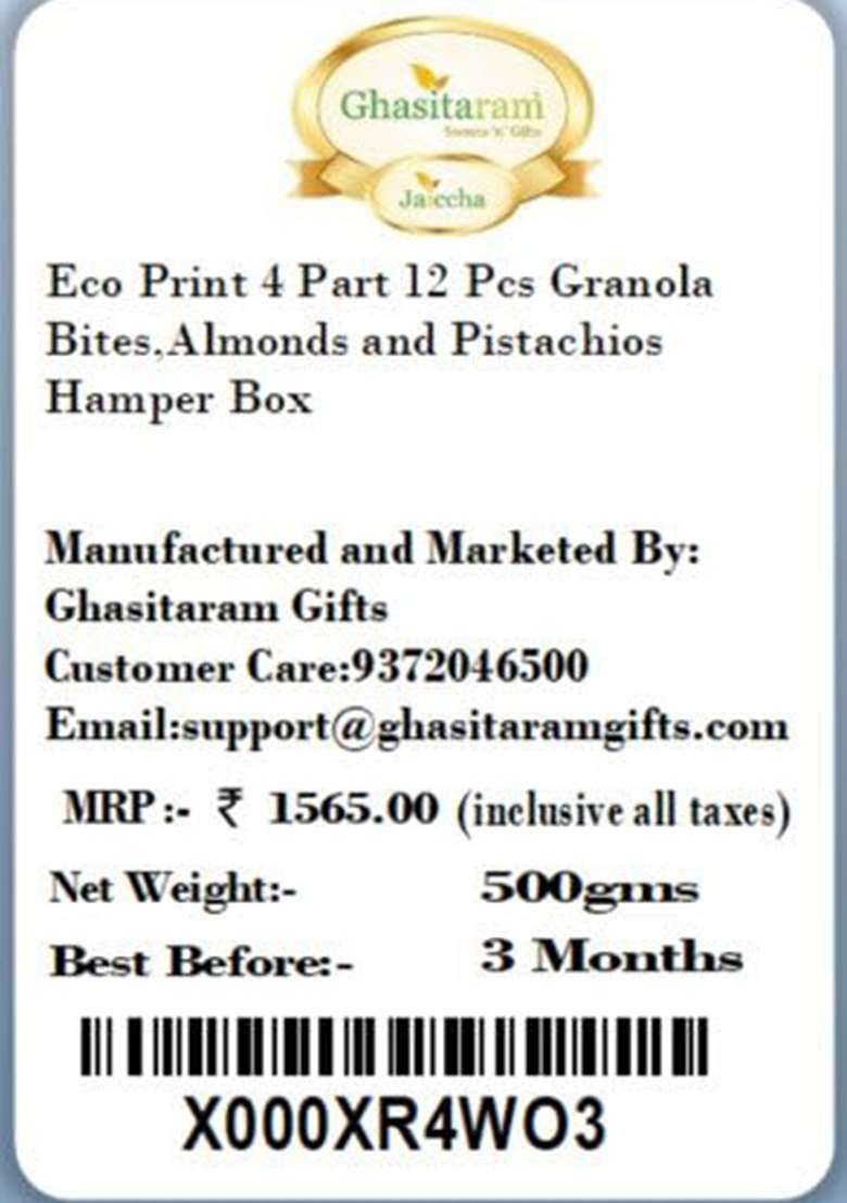 Ghasitaram Gifts Valentines Gift For Girlfriend / Boyfriend Husband And Wife - Healthy Hampers Eco Print 4 Part 12 Pcs Granula Bites,Almonds Pistachios Hamper Box - Indya