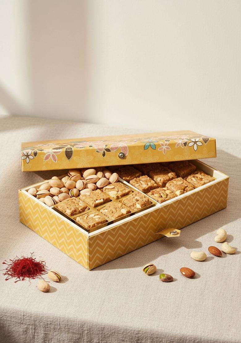 Ghasitaram Gifts Valentines Gift For Girlfriend / Boyfriend Husband And Wife - Healthy Hampers Gold 4 Print 12 Pcs Granula Bites,Almonds Pistachios Hamper Box - Indya