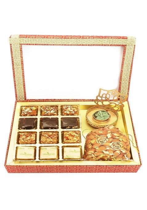 Jaiccha Ghasitaram 12 Pcs Assorted Bites, Shadow Ganesha T-Lite And Almonds Pouch Hamper Box|Gift Hamper|Diwali Gift Hamper|Food Hampers|Gourmet Hampers|