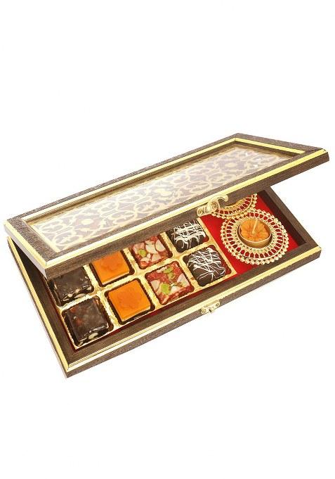 Jaiccha Ghasitaram Wooden Lazer 12 Pcs Special Bites And 2 T-Lites Box |Gift Hamper|Diwali Gift Hamper|Food Hampers|Gourmet Hampers|