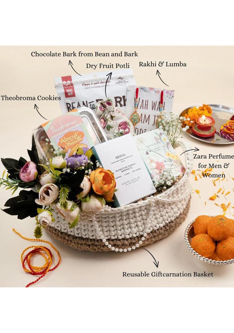 Giftcarnation Rakhi Gift Hamper For Bhai Bhabhi Branded Fragrances, Theobroma Cookies, Chocolate Bark & Dry Fruit Potli | Luxurious Festive Box