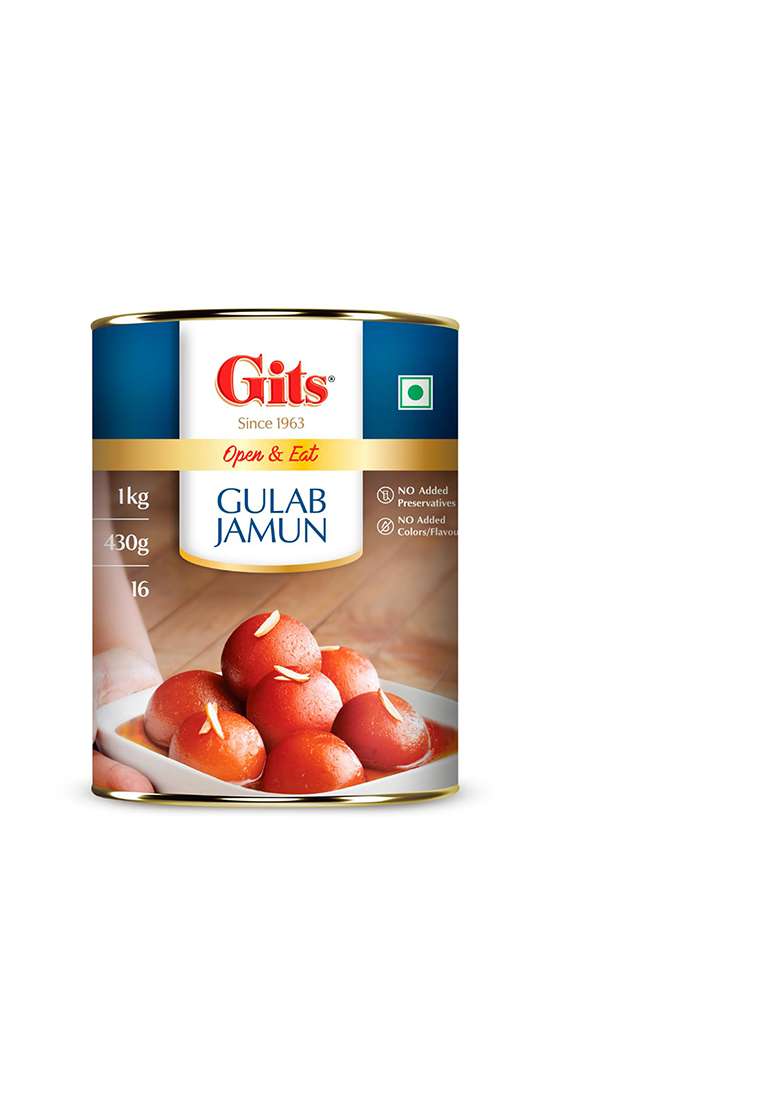 Gits Open & Eat Gulab Jamun Tin, 16 Pieces Per Can, Mouth-Watering Indian Mithai, 1Kg - Indya