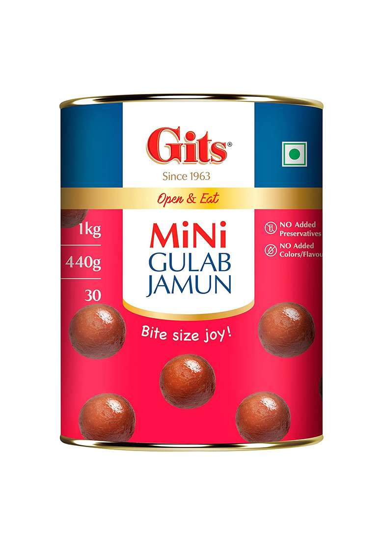 Gits Open & Eat Mini Gulab Jamun, 30 Pieces Per Can, Mouth-Watering Indian Mithai, 1Kg - Indya