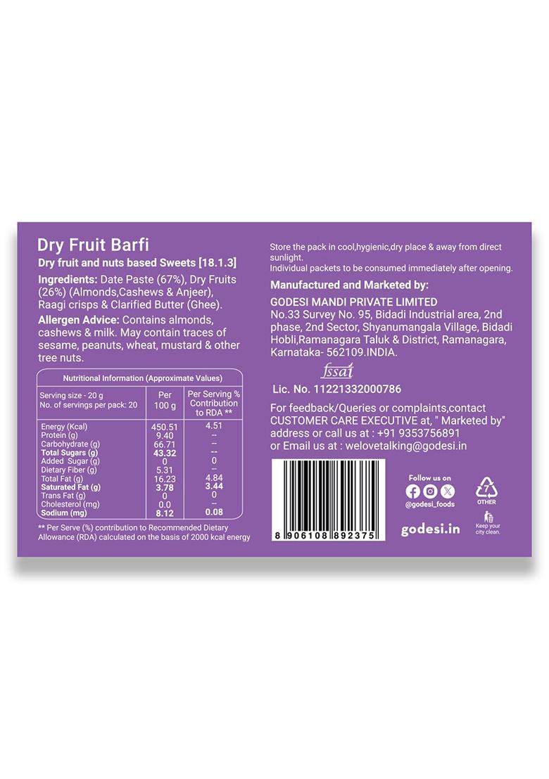 Go Desi Dry Fruits Barfi, 400 Grams Burfi, 20 Individually Wrapped Dates Bar, Indian Mithai, Sweets Gift Pack, Healthy Snacks Sweets, No Added Sugar