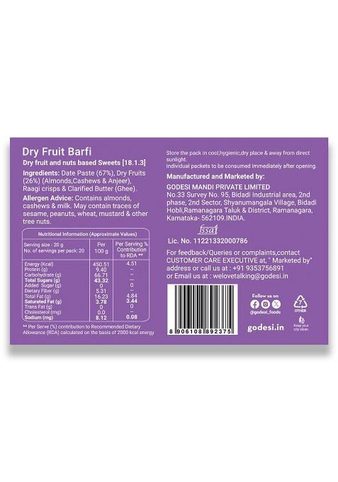 Go Desi Dry Fruits Barfi, 400 Grams Burfi, 20 Individually Wrapped Dates Bar, Indian Mithai, Sweets Gift Pack, Healthy Snacks Sweets, No Added Sugar