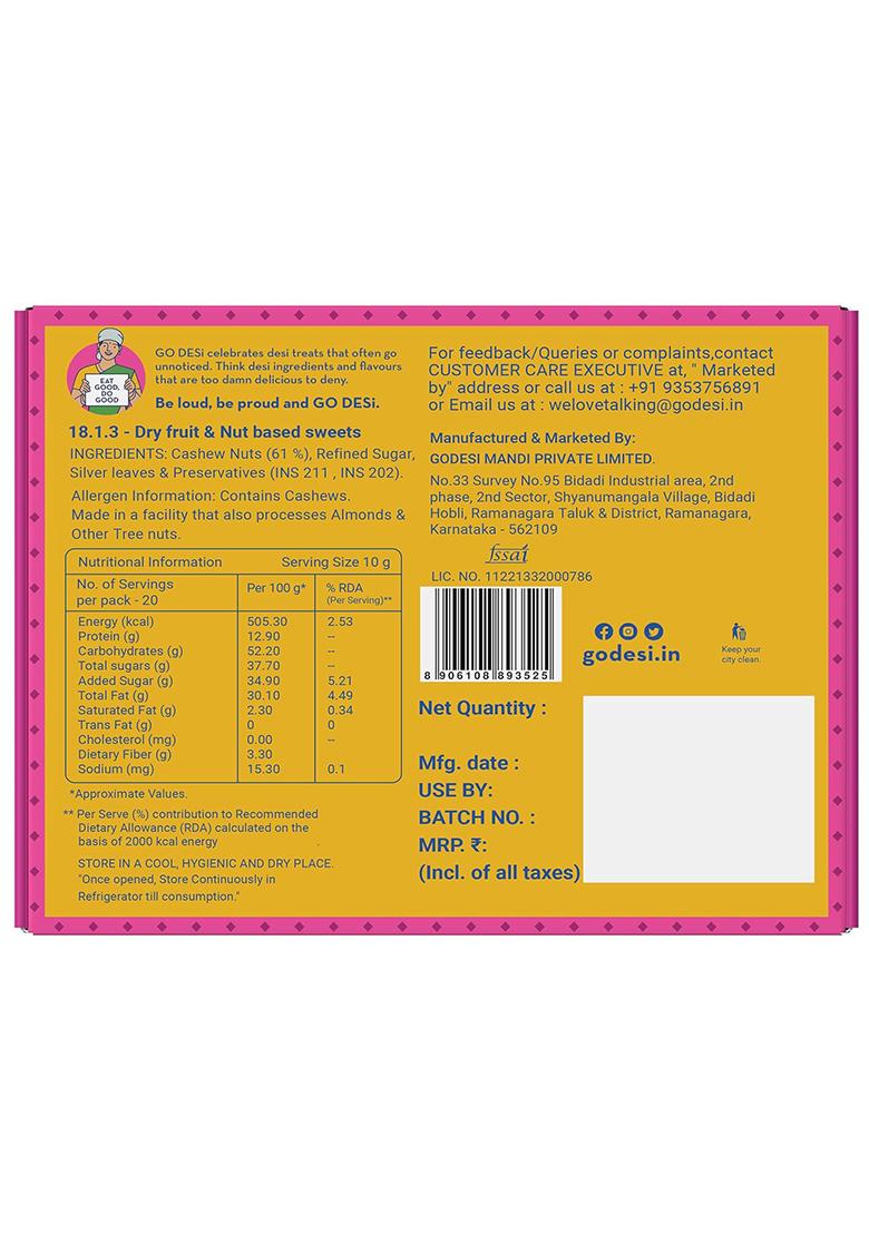 Go Desi Premium Kaju Katli 200 Grams, 61% Cashews And Badam Almonds, Rakhi Gift For Sister Brother, Indian Sweets Pack, Meetha, Mithai