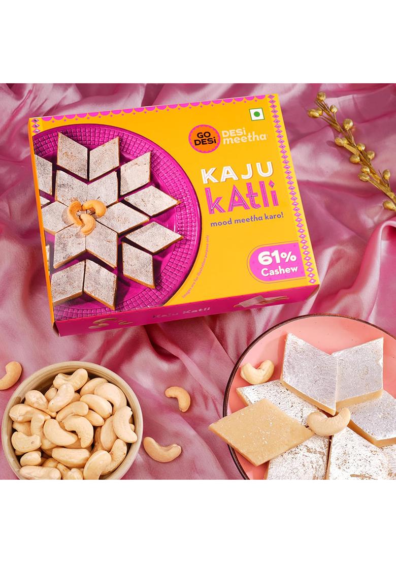 Go Desi Premium Kaju Katli 200 Grams, 61% Cashews And Badam Almonds, Rakhi Gift For Sister Brother, Indian Sweets Pack, Meetha, Mithai