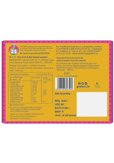 Go Desi Premium Kaju Katli 200 Grams, 61% Cashews And Badam Almonds, Rakhi Gift For Sister Brother, Indian Sweets Pack, Meetha, Mithai