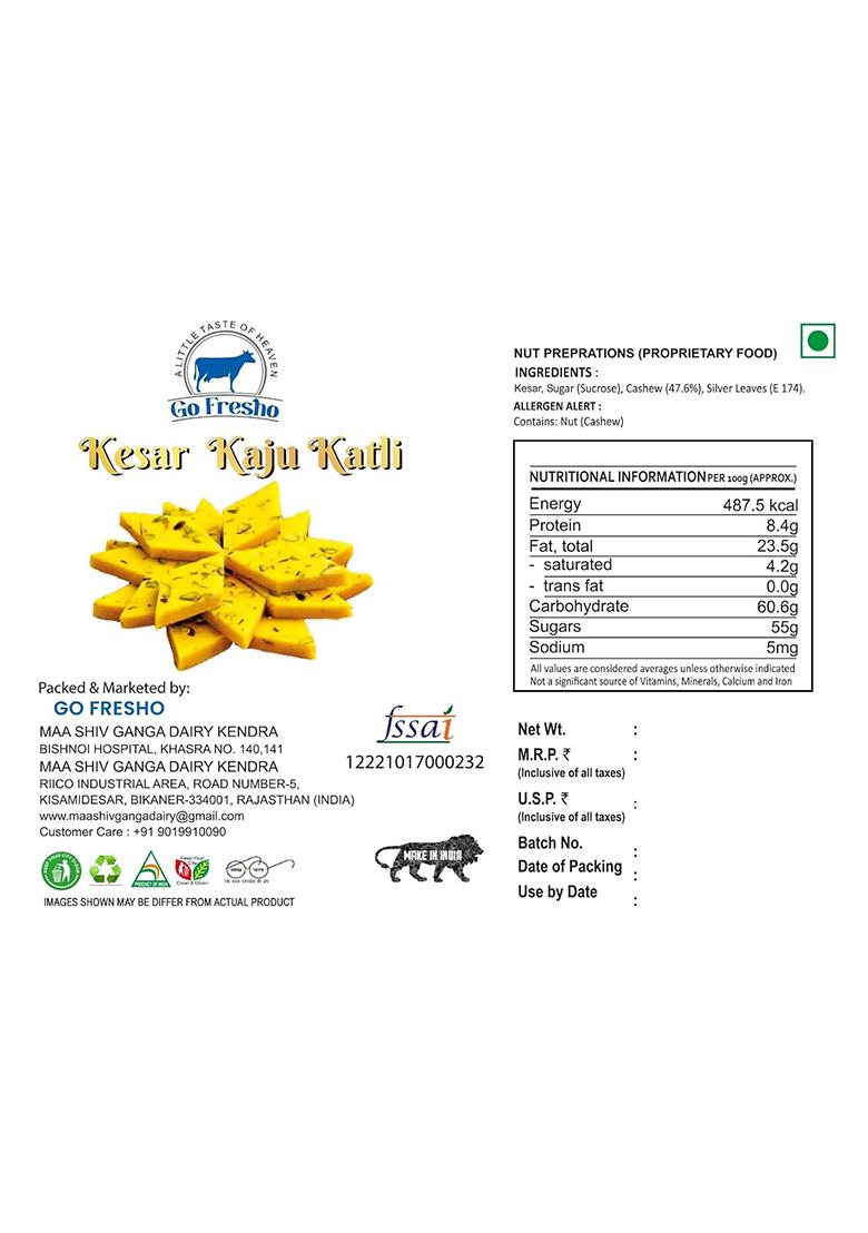 Go Fresho Healthy & Tasty Kesar Kaju Katli 500G | Barfi| Ready With Pure Natural