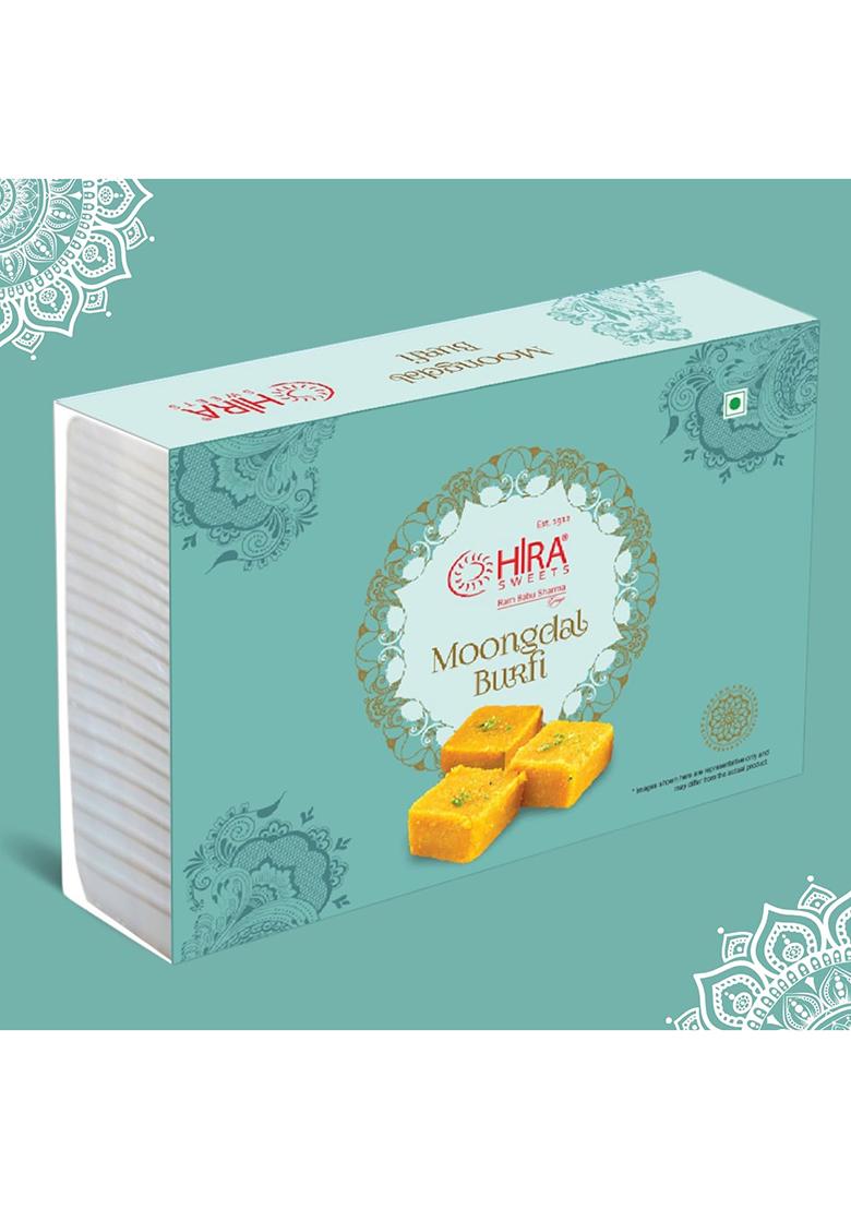 Hira Sweets Moong Dal Burfi 1Kg (500G 2) | Fresh Indian Traditional Mithai Made With Pure Desi Ghee Finest Pistachios Sweet Gift Box