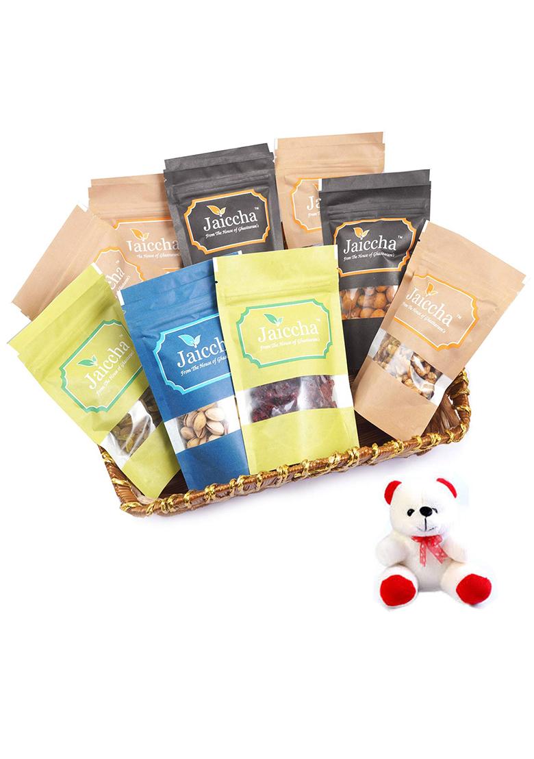 Jaiccha Ghasitaram Basket Hamper Of 9 Heavenly Dryfruits With Teddy|Dryfruit Gift Hamper|Dry Fruit Combo Pack Offer|Dry Pack|Dry Box|Diwali Dry Box|Mix Nut|