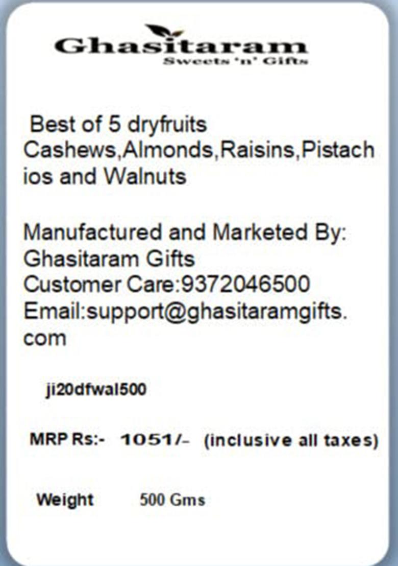 Jaiccha Ghasitaram Best Of 5 Dryfruits Cashews,Almonds,Raisins,Pistachios And Walnuts|Dryfruit Gift Hamper|Dry Fruit Combo Pack Offer|Dry Pack|Dry Box|Diwali Dry Box|Mix Nut|