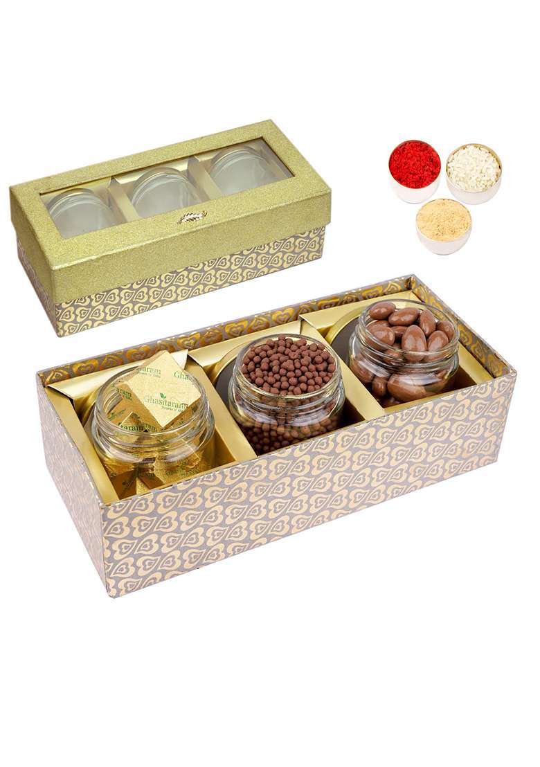 Jaiccha Ghasitaram Bhaidooj Gifts Golden Box With 3 Jars Of Chocolate Coated Almonds, Rice Crispies And Mewa Bites - Indya