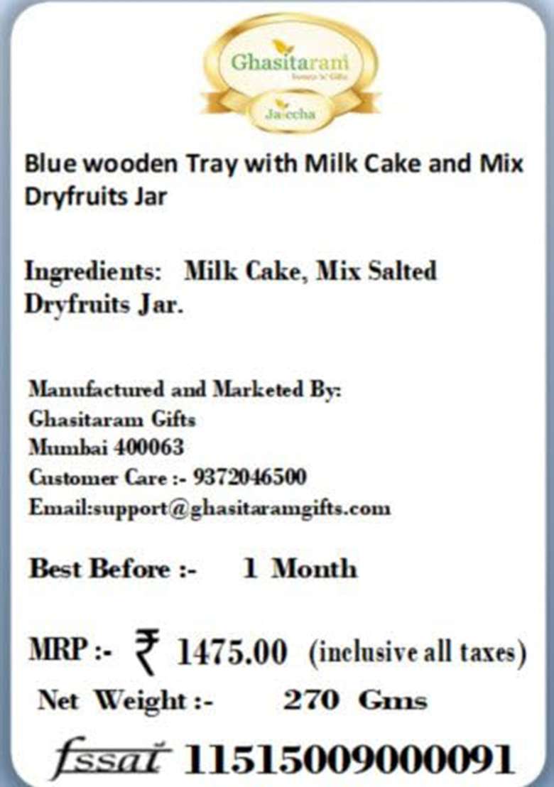 Jaiccha Ghasitaram Blue Wooden Tray With Milk Cake And Mix Dryfruits Jar|Dry Fruit Combo Pack Offer|Dry Gift Pack|Dry Box|Diwali Dry Box| - Indya