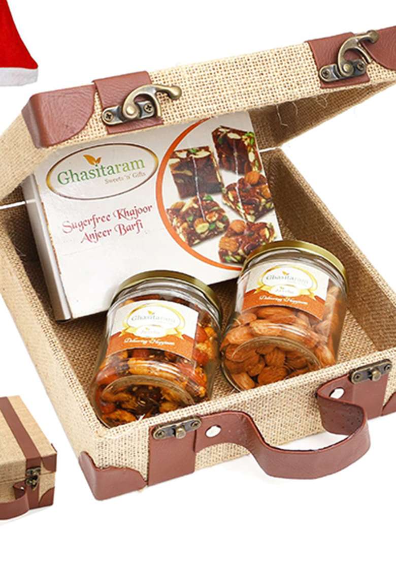 Jaiccha Ghasitaram Christmas Gifts Jute Box Of Alomnds, Mix Dryfruits And Sugarfree Bites - Indya