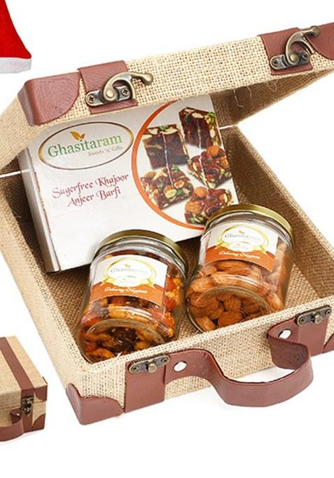 Jaiccha Ghasitaram Christmas Gifts Jute Box Of Alomnds, Mix Dryfruits And Sugarfree Bites