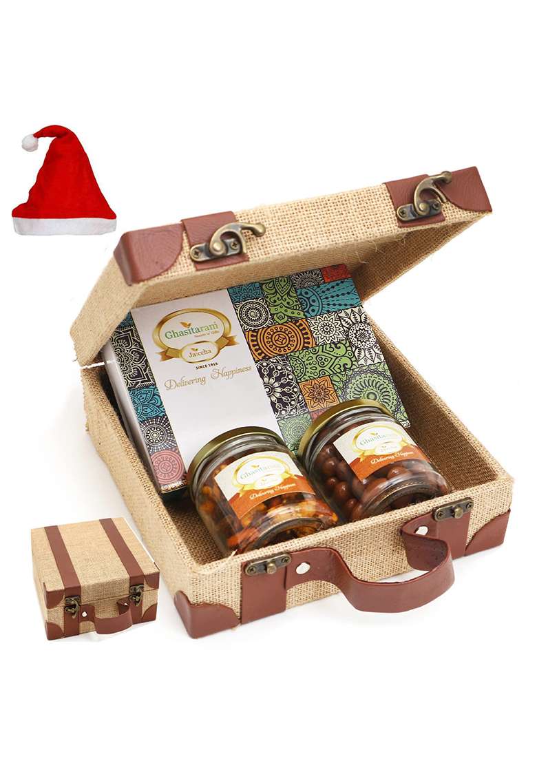 Jaiccha Ghasitaram Christmas Gifts Jute Box Of Chocolate Alomnds, Mix Dryfruits And Assorted Bites - Indya