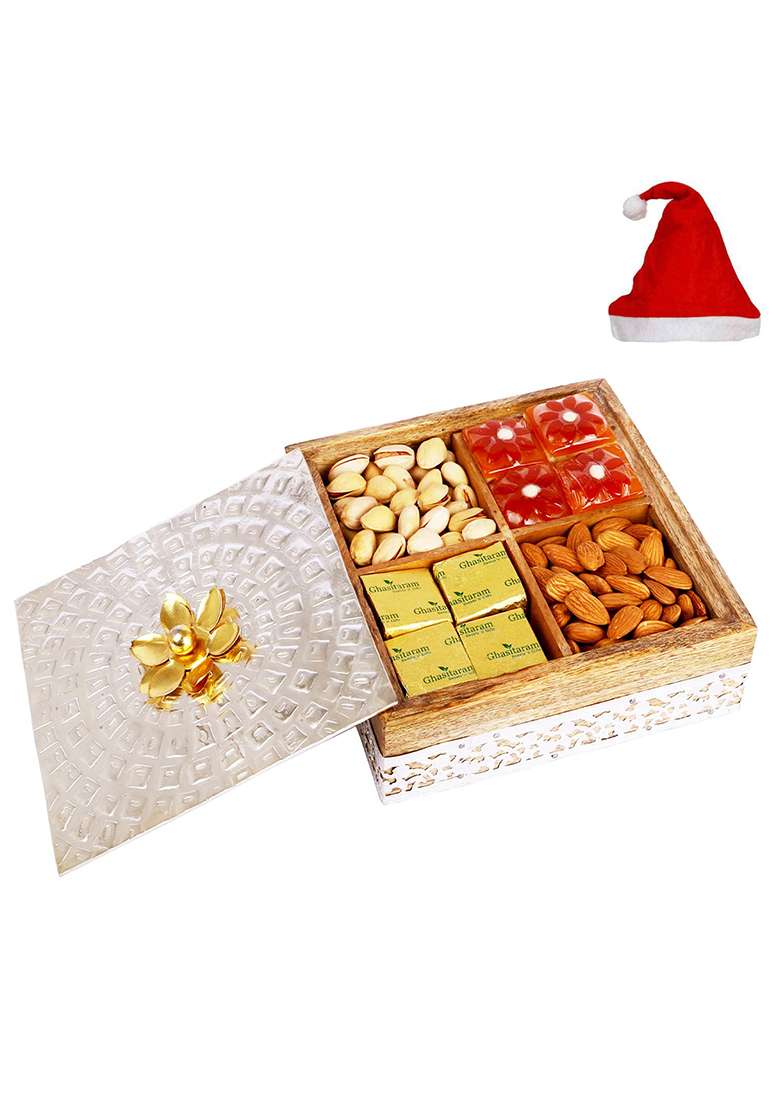 Jaiccha Ghasitaram Christmas Gifts Wooden Metal Box With Almonds, Pistachios, Mewa Bites And Mango - Indya
