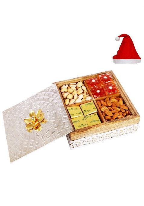 Jaiccha Ghasitaram Christmas Gifts Wooden Metal Box With Almonds, Pistachios, Mewa Bites And Mango