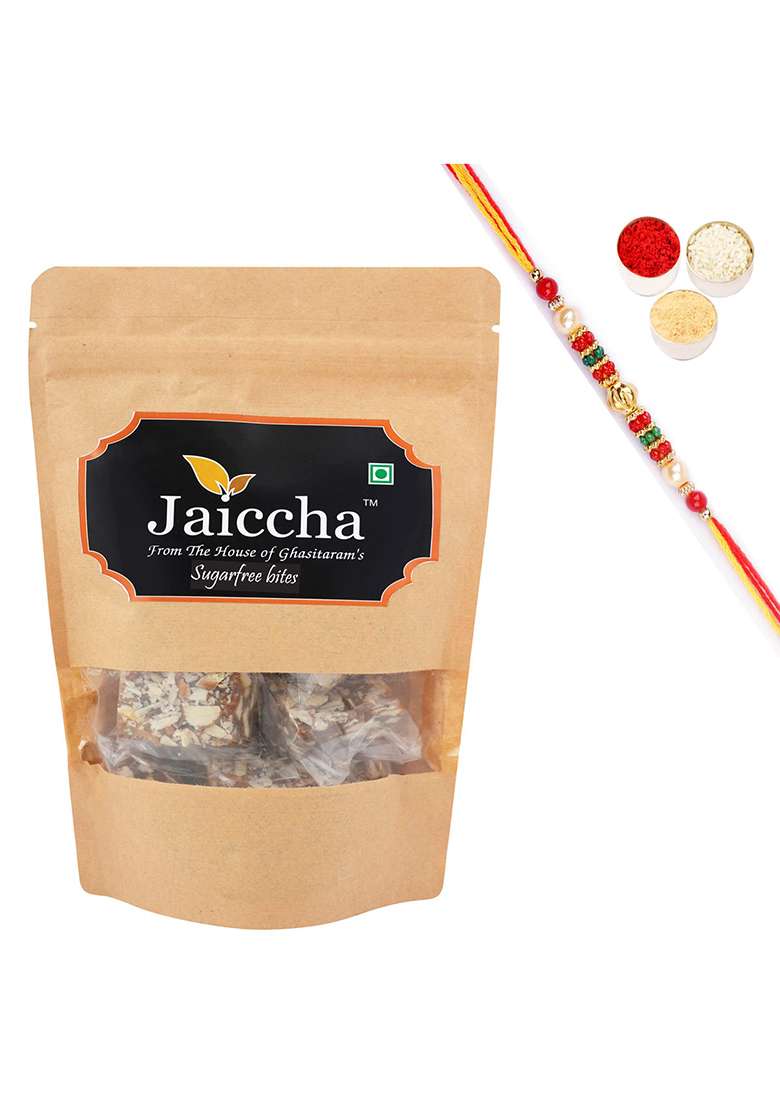 Jaiccha Ghasitaram Gifts Rakhi Gifts/ Sweets - Sugarfree Bites 200 Gms In Brown Paper Pouch With Pearl Beads - Indya