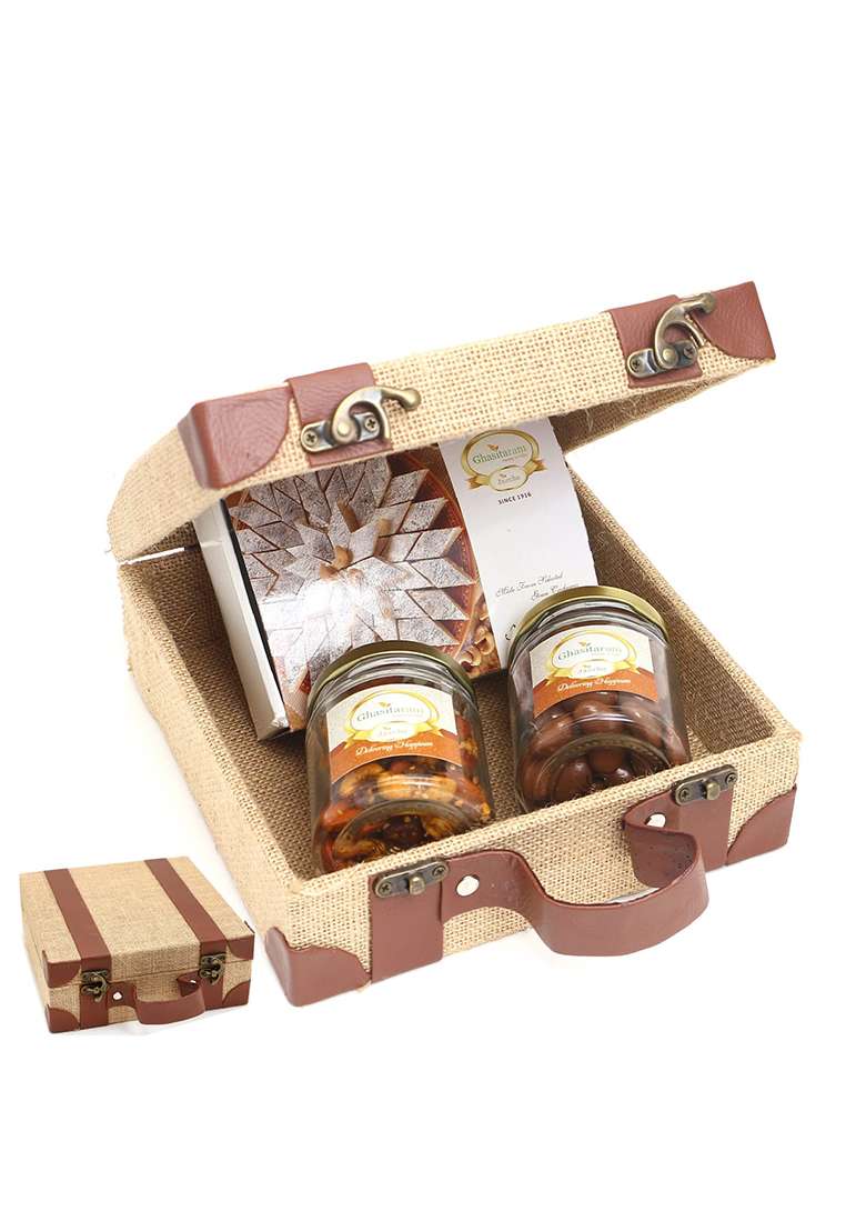 Jaiccha Ghasitaram Jute Box Of Chocolate Alomnds, Mix Dryfruits And Kaju Katli|Dry Fruit Combo Pack Offer|Dry Gift Pack|Dry Box|Diwali Dry Box| - Indya