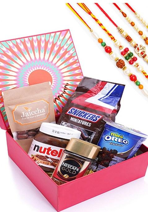 Jaiccha Ghasitaram Rakhi Gifts For Brothers Red Hamper Box Of 5 Goodies With Rakhis