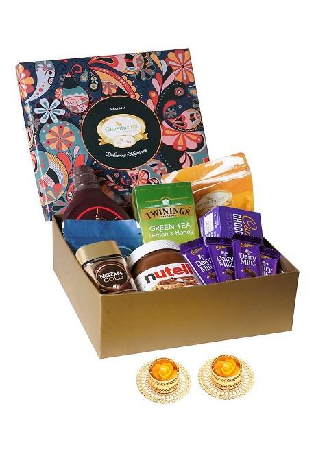 Jaiccha Gifts Ghasitaram Big Hamper Box Of 12 Goodies With 2 T-Lights |Gift Hamper|Diwali Gift Hamper|Food Hampers|Gourmet Hampers|