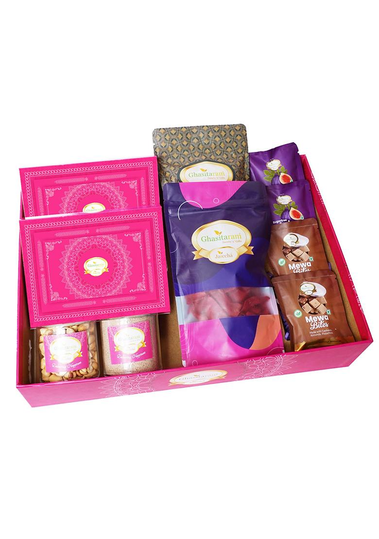 Jaiccha Gifts Holi Sweets/Holi Hampers/Thandai Ghasitaram Big Hamper Basket Of 16 Healthy Goodies With Sugarfree Gujiyas|Gift Hamper| Diwali Gift Hamper|Food Hampers|Gourmet Hampers|
