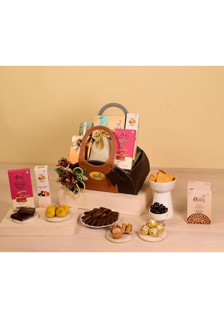 Oasis Baklawa Luxury Fusion Gift Basket Lotus Kunafa Bar, Date Mamoul, Chana Sattu Ball, Premium Box, Almond Dark Dragees & Nachos Box | Wedding, Festive Corporate Gifting