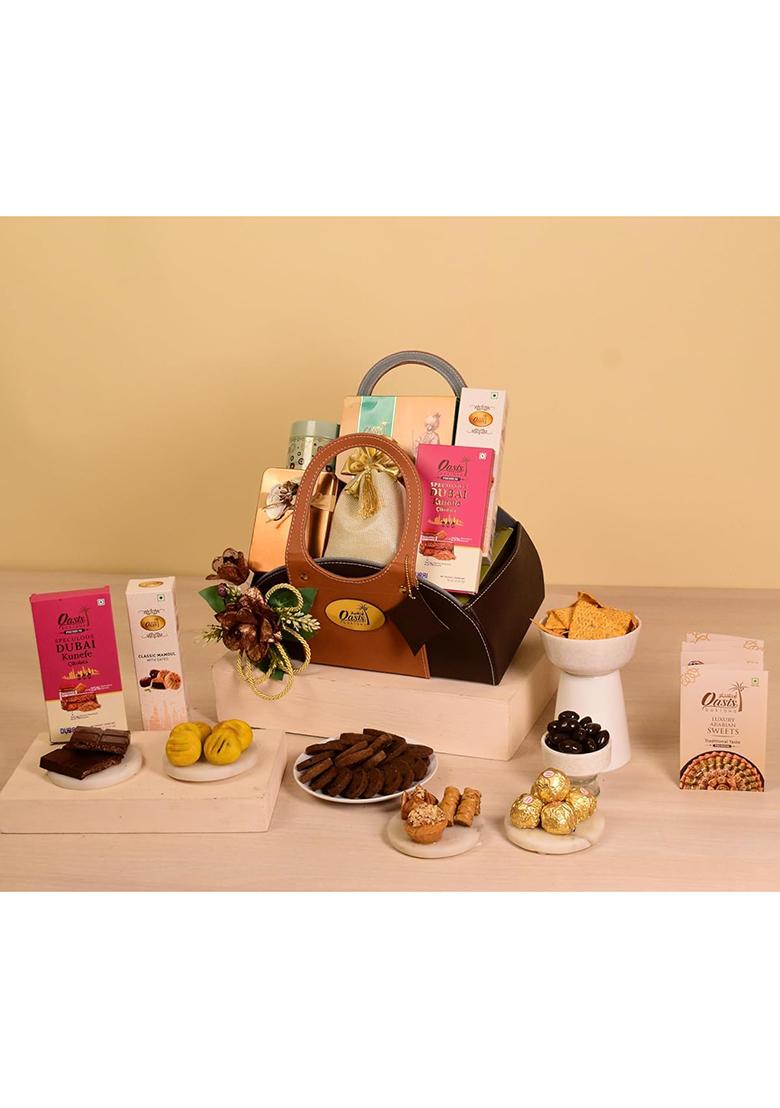 Oasis Baklawa Luxury Fusion Gift Basket Lotus Kunafa Bar, Date Mamoul, Chana Sattu Ball, Premium Box, Almond Dark Dragees & Nachos Box | Wedding, Festive Corporate Gifting