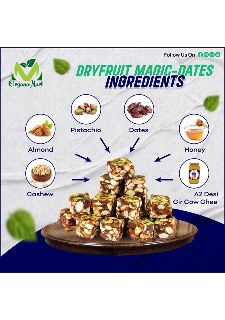 Organomart Organo Mart Dates Burfi | Made With Dates, Pista , Cashews, Almonds, Honey And Pure A2 Cow Ghee I Valentine'S Gifting Dry Fruits Nuts, Healthy Indian Sweets,Gluten Free, No Added Sugar (250G (Pack Of 1), Dates)