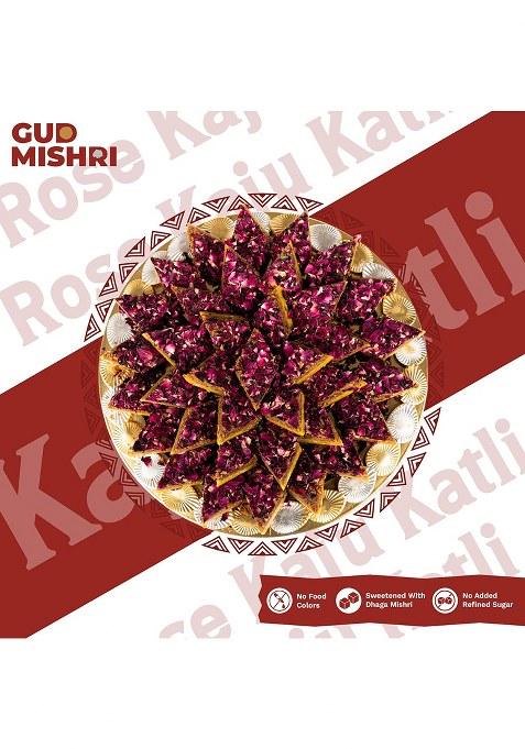 Gud Mishri Rose Kaju Katli 400G | Premium Cashew Mithai With Gulkand, Petals & Kesar Sweetened Mishri, No Refined Sugar Or Palm Oil Festive Gift Box Healthy Indian Sweets For Adults Kids